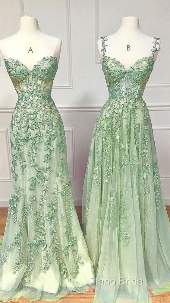 Green A Line Applique Mermaid Lace Long Formal Prom Dresses