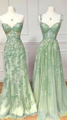 Green A Line Applique Mermaid Lace Long Formal Prom Dresses