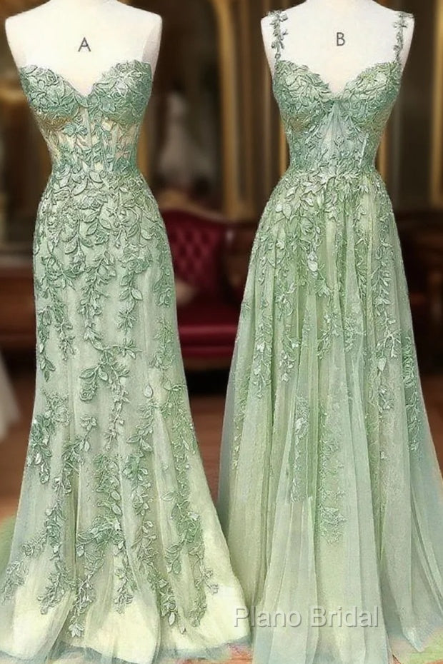 Green A Line Applique Mermaid Lace Long Formal Prom Dresses Main image