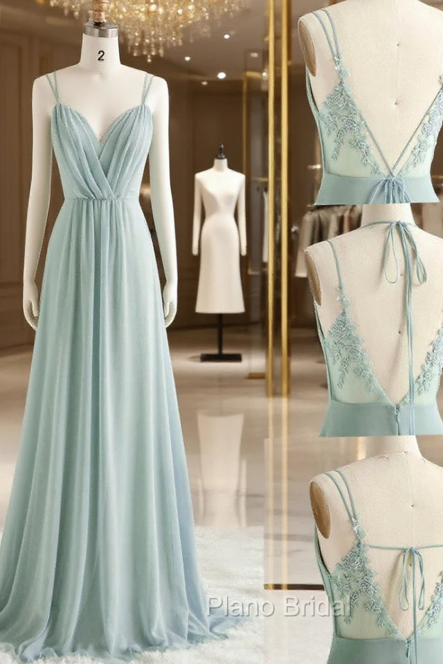 Green A line Chiffon Lace Long Formal Prom Dresses, Lace Bridesmaid Dresses Secondary image