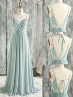 Green A line Chiffon Lace Long Formal Prom Dresses, Lace Bridesmaid Dresses
