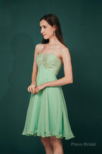 A-line Embroidery Chiffon Short Strapless Corset Back Beaded Homecoming Dresses