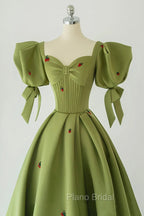 Green A-Line Long Formal Prom Dresses Strawberry Lace, Lovely Short Sleeve Evening Dresses