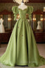 Green A-Line Long Formal Prom Dresses Strawberry Lace, Lovely Short Sleeve Evening Dresses