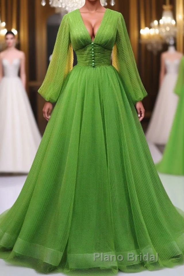 Green A Line Long Formal Prom Dresses, V Neck Green Tulle Long Formal Evening Dresses Main image