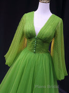 Green A Line Long Formal Prom Dresses, V Neck Green Tulle Long Formal Evening Dresses