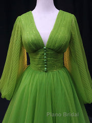 Green A Line Long Formal Prom Dresses, V Neck Green Tulle Long Formal Evening Dresses