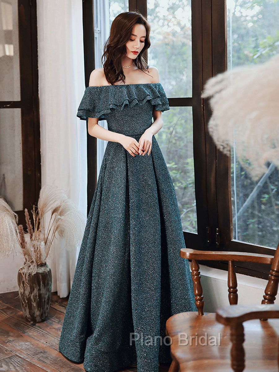 Green A Line Off Shoulder Long Formal Prom Dresses, Green Bridesmaid Dresses