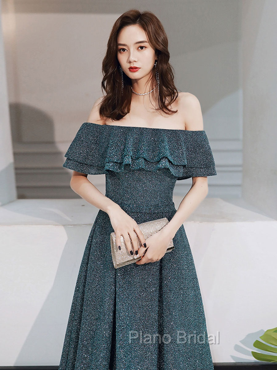 Green A Line Off Shoulder Long Formal Prom Dresses, Green Bridesmaid Dresses