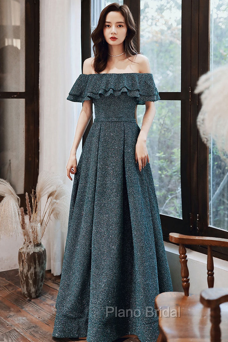 Green A Line Off Shoulder Long Formal Prom Dresses, Green Bridesmaid Dresses