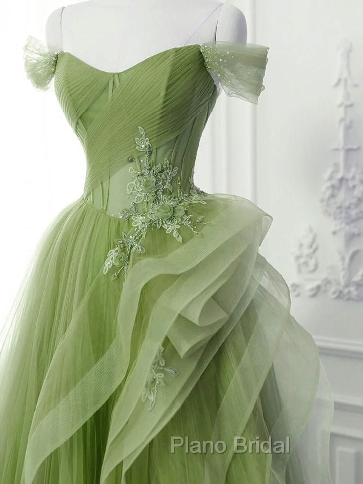 Green A-Line Long Formal Prom Dresses, Green Lace Long Evening Dresses