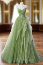 Green A-Line Long Formal Prom Dresses, Green Lace Long Evening Dresses