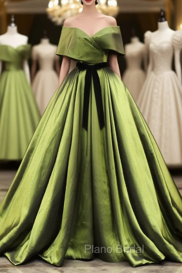 Green A Line Satin Long Formal Prom Dresses Green Long Bridesmaid Dresses Main image