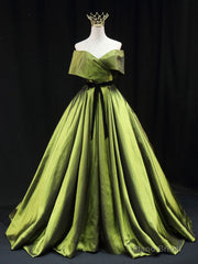 Green A line Satin Long Prom Dress, Green Satin Formal Evening Dresses