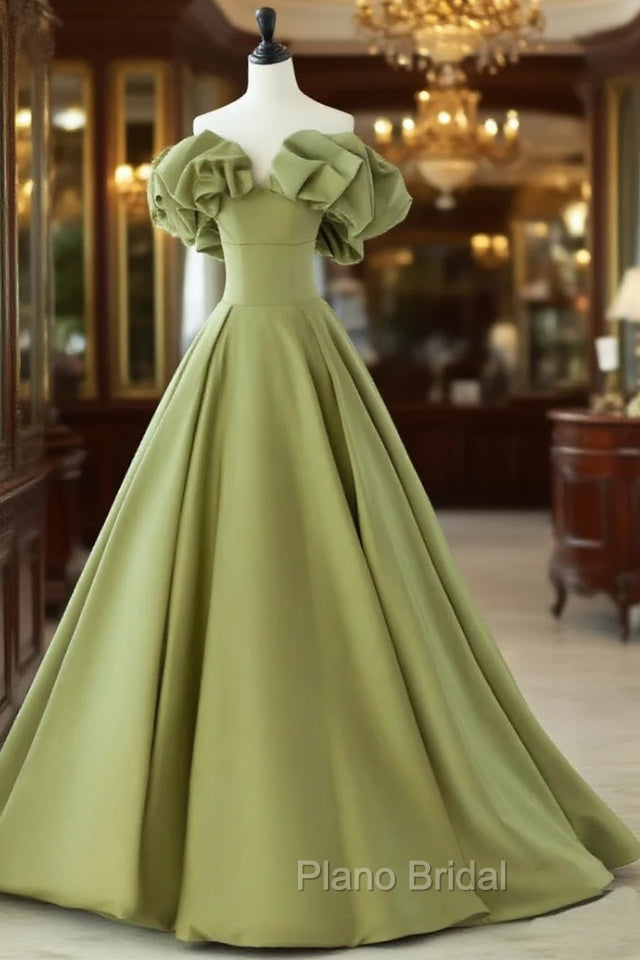 Green A-Line Satin Long Formal Prom Dresses, Green Formal Evening Dresses Main image