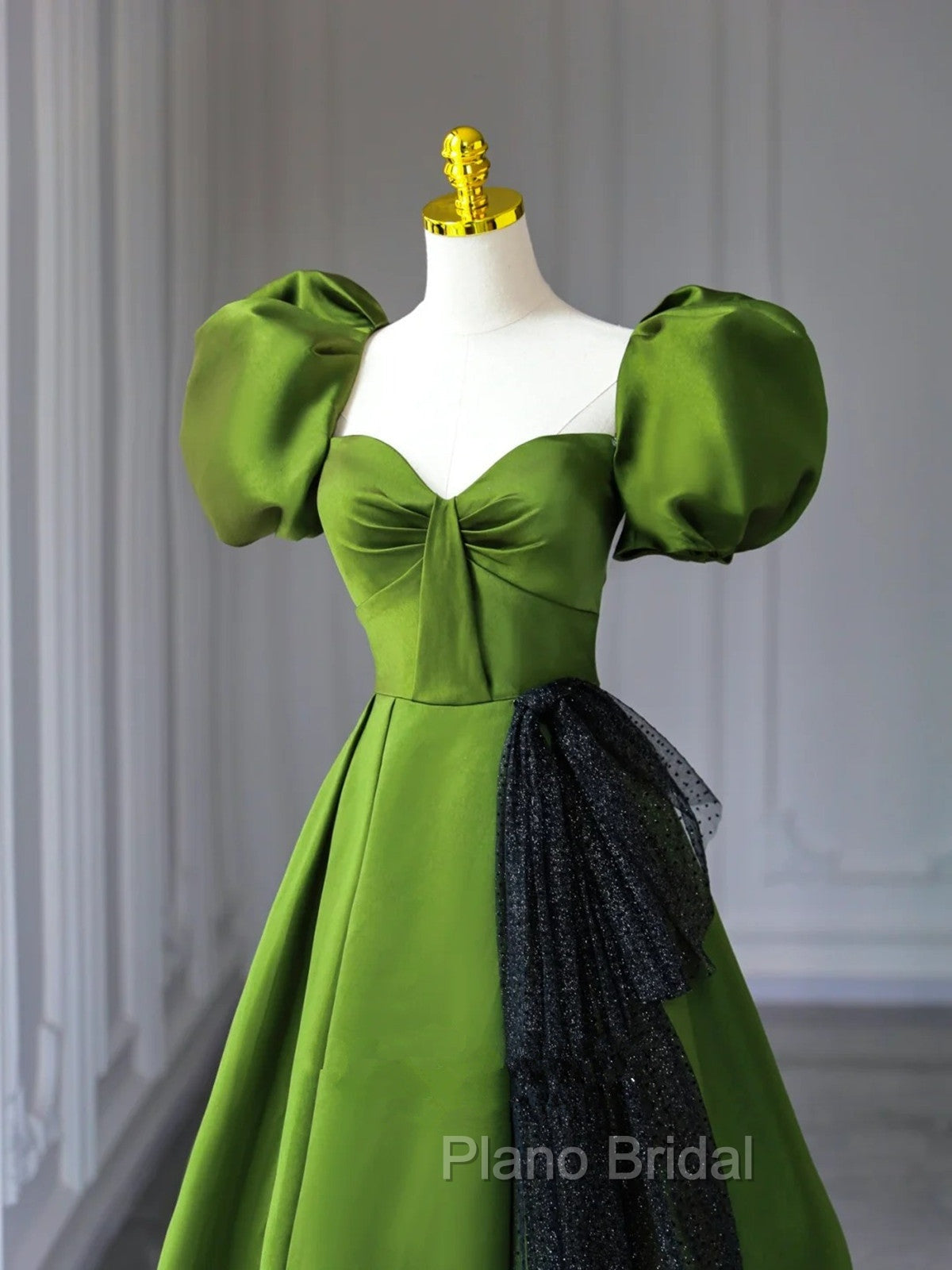 Green A-Line Satin Sweetheart Short Sleeves Party Dresses, Green Long Formal Prom Dresses Secondary image