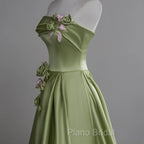 Green A-line Satin with Flowers Long Evening Dresses, Green Satin Formal Prom Dresses