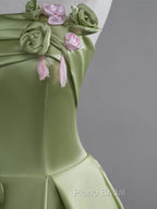 Green A-line Satin with Flowers Long Evening Dresses, Green Satin Formal Prom Dresses