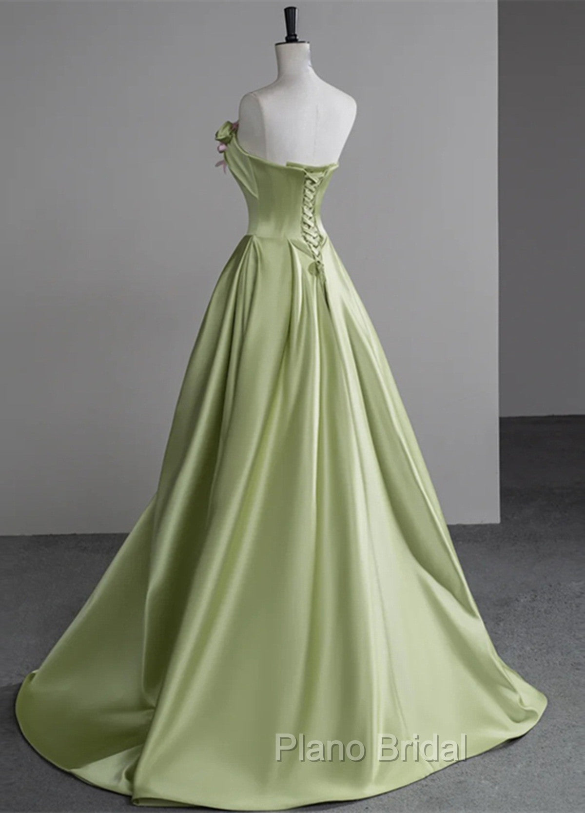 Green A-line Satin with Flowers Long Evening Dresses, Green Satin Formal Prom Dresses