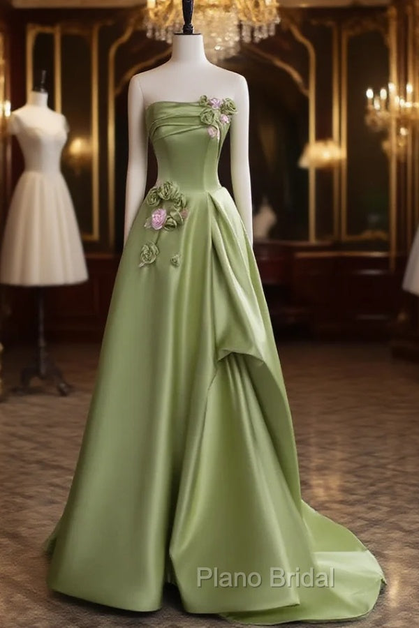 Green A-line Satin with Flowers Long Evening Dresses, Green Satin Formal Prom Dresses