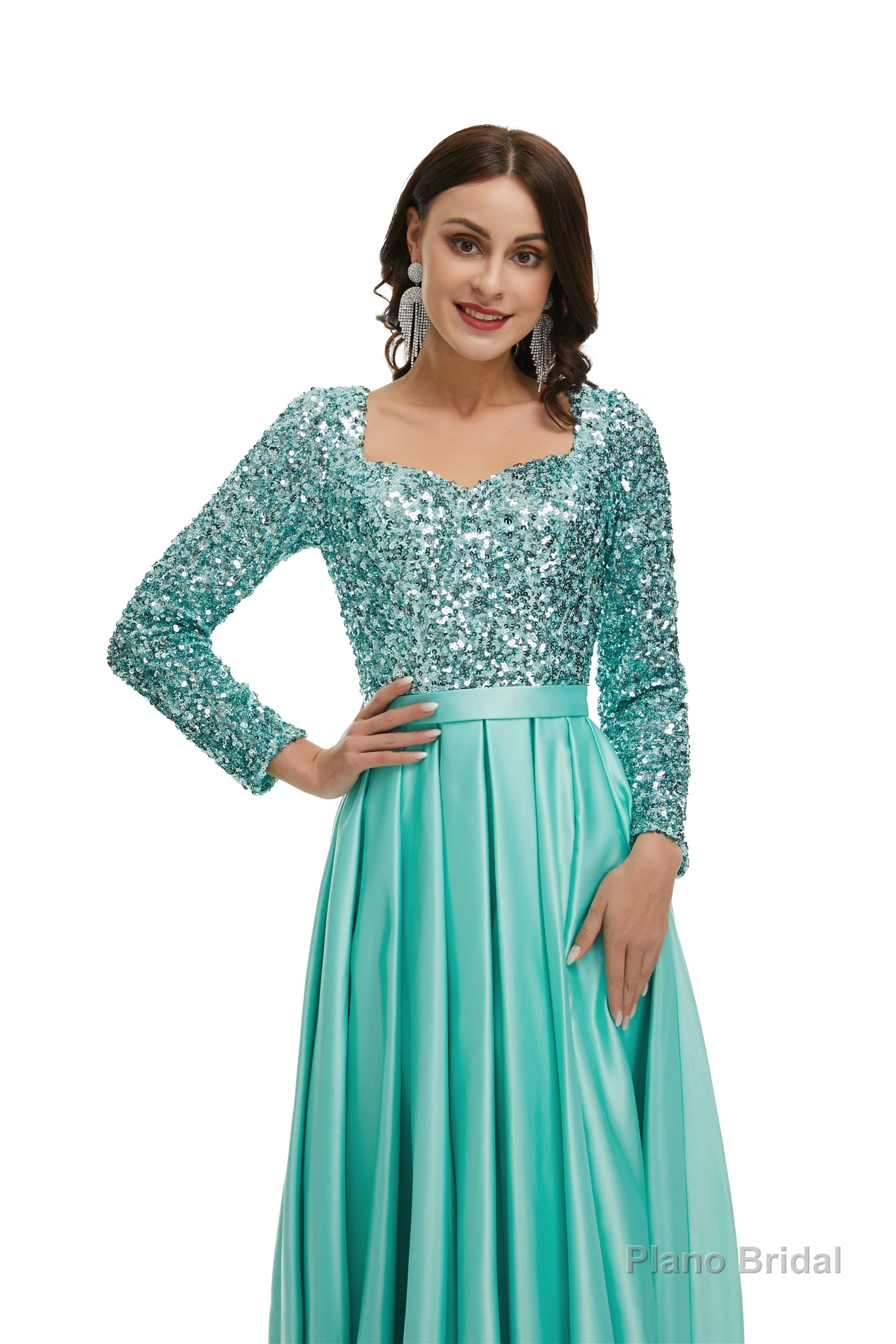 A-Line Sequins Sweet Neck Long Sleeve Prom Dresses