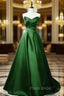 Green A-line Simple Satin Long Party Dresses, Green Satin Formal Prom Dresses
