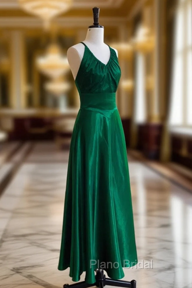 Green A-line Soft Satin Cross Back Evening Dresses, Green Formal Prom Dresses Party Dresses Main image