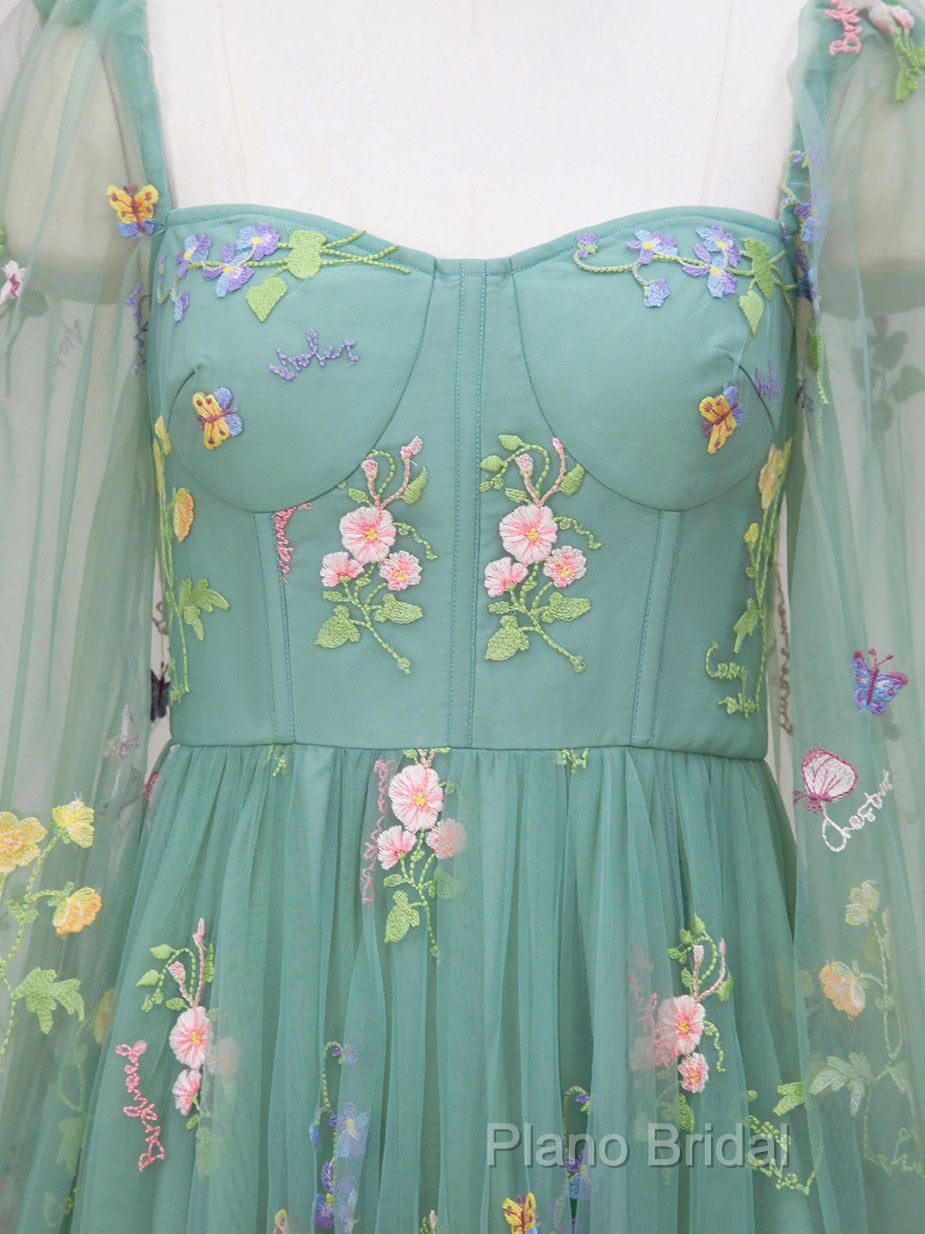 Green A-Line Sweetheart Green Tulle Lace Long Formal Prom Dresses, Green Formal Dresses