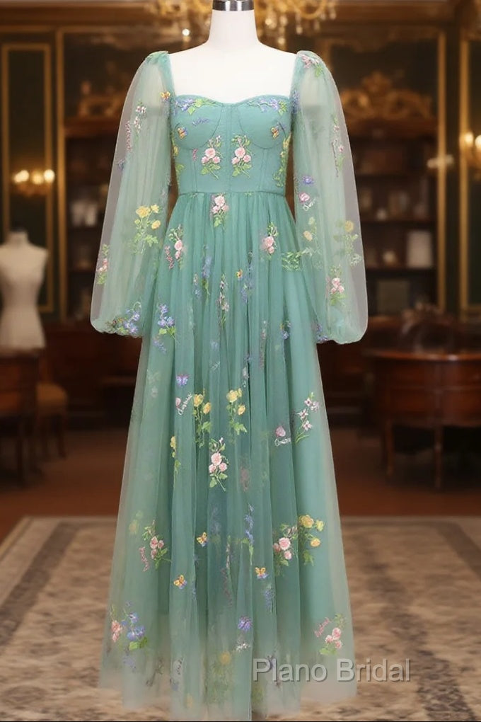 Green A-Line Sweetheart Green Tulle Lace Long Formal Prom Dresses, Green Formal Dresses