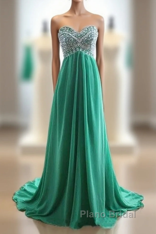 Green A-Line Sweetheart Neck Chiffon Long Formal Prom Dresses, Evening Dresses