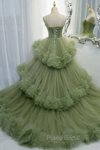 Green A-line Sweetheat Pleated Tulle Formal Prom Dresses