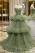 Green A-line Sweetheat Pleated Tulle Formal Prom Dresses