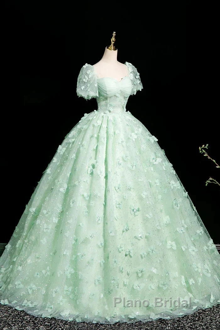 Green A-Line Tulle Beaded Sequin Long Formal Prom Dresses, Beautiful 3D Butterfly Evening Dresses Secondary image