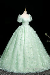 Green A-Line Tulle Beaded Sequin Long Formal Prom Dresses, Beautiful 3D Butterfly Evening Dresses