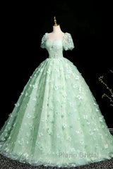 Green A-Line Tulle Beaded Sequin Long Formal Prom Dresses, Beautiful 3D Butterfly Evening Dresses