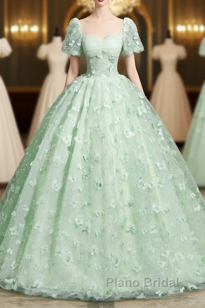 Green A-Line Tulle Beaded Sequin Long Formal Prom Dresses, Beautiful 3D Butterfly Evening Dresses Main image