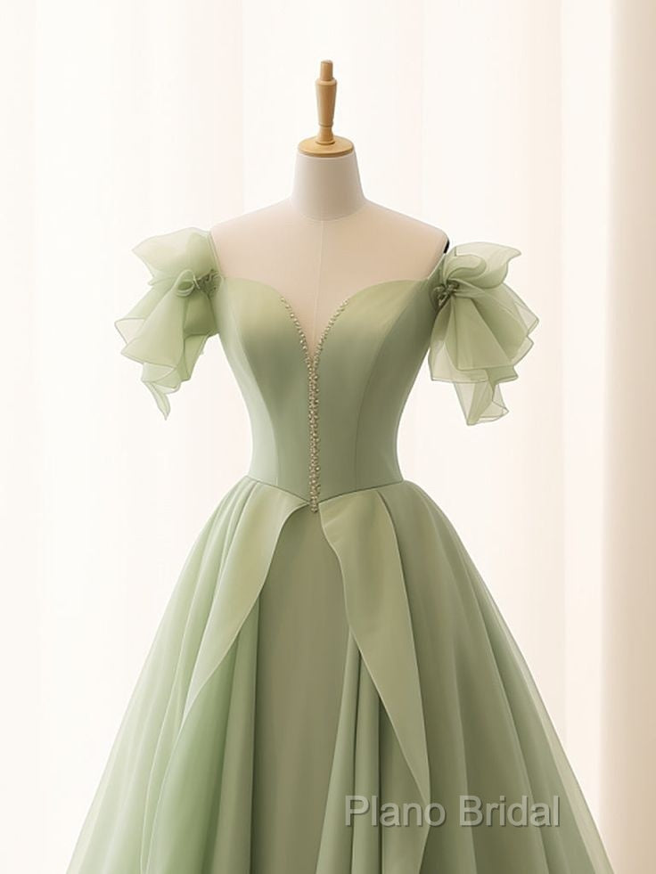 Green A Line Tulle Long Formal Prom Dresses V Neck Long Formal Dresses