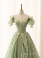 Green A Line Tulle Long Formal Prom Dresses V Neck Long Formal Dresses