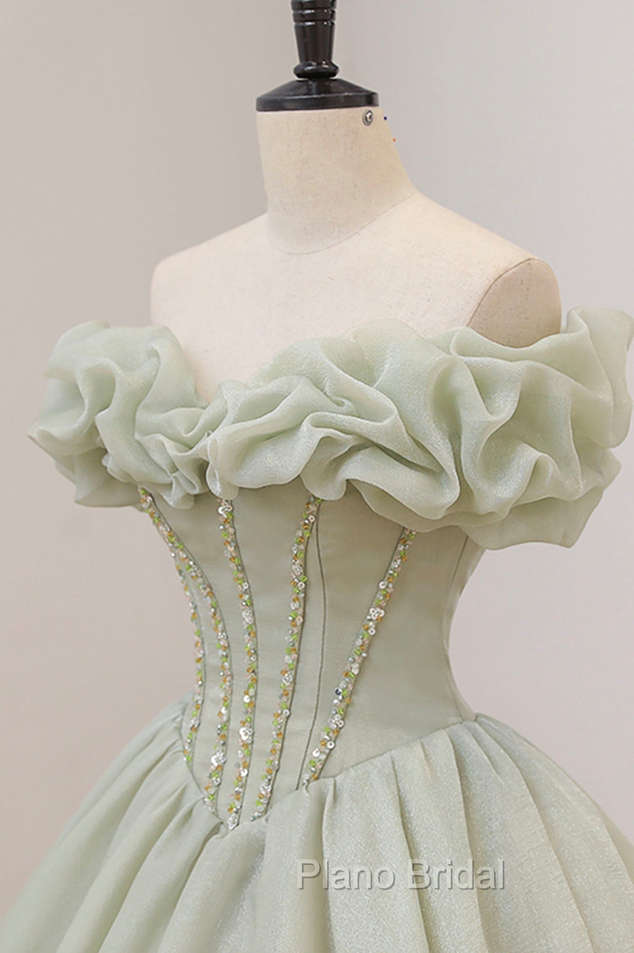 Green A-Line Tulle Long Formal Prom Dresses with Beaded, Off the Shoulder Evening Dresses Secondary image