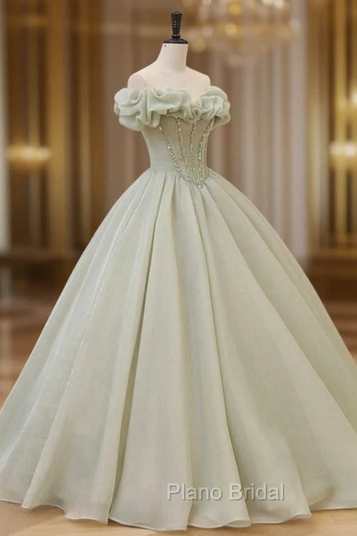 Green A-Line Tulle Long Formal Prom Dresses with Beaded, Off the Shoulder Evening Dresses Main image