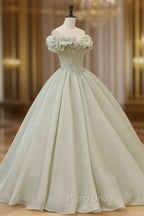 Green A-Line Tulle Long Formal Prom Dresses with Beaded, Off the Shoulder Evening Dresses