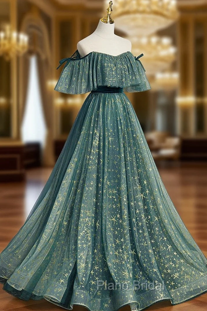 Green A line Tulle Long Formal Prom Dresses, Green Graduation Dresses Main image