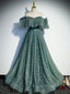 Green A line Tulle Long Formal Prom Dresses, Green Graduation Dresses