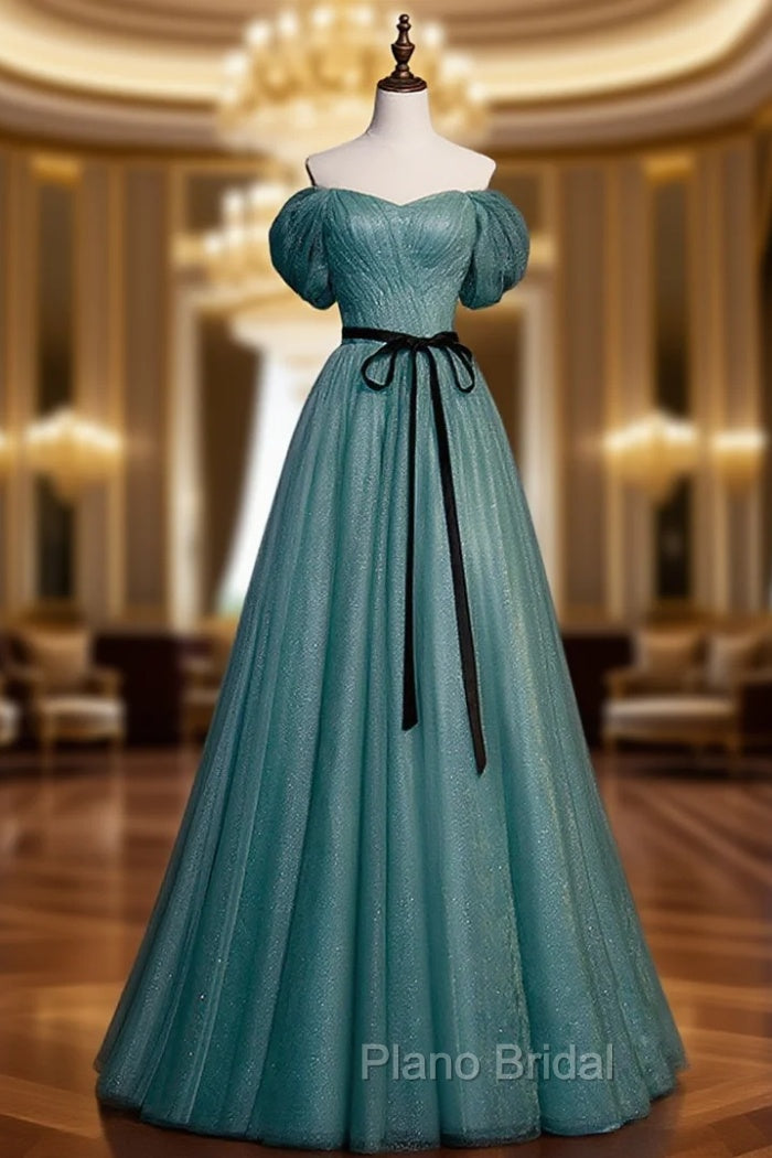 Green A line Tulle Sequin Long Formal Prom Dresses, Green Tulle Graduation Dresses Main image