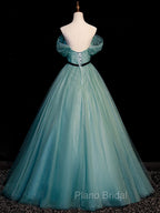Green A line Tulle Sequin Long Formal Prom Dresses, Green Tulle Graduation Dresses