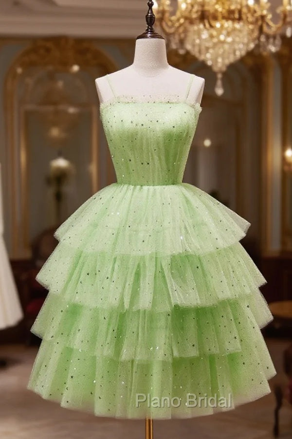 Green A-Line Tulle Short Formal Prom Dresses, Green Homecoming Dresses