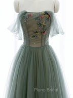 Green A-line Tulle with Lace Applique Long Formal Dresses, Green Formal Prom Dresses