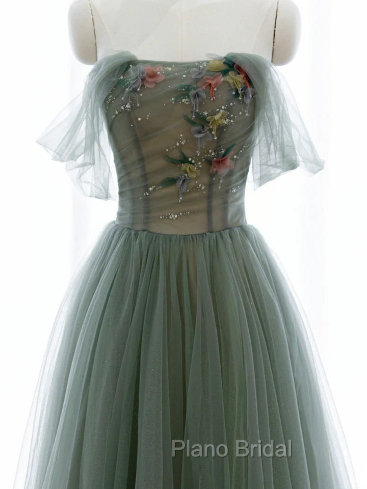 Green A-line Tulle with Lace Applique Long Formal Dresses, Green Formal Prom Dresses