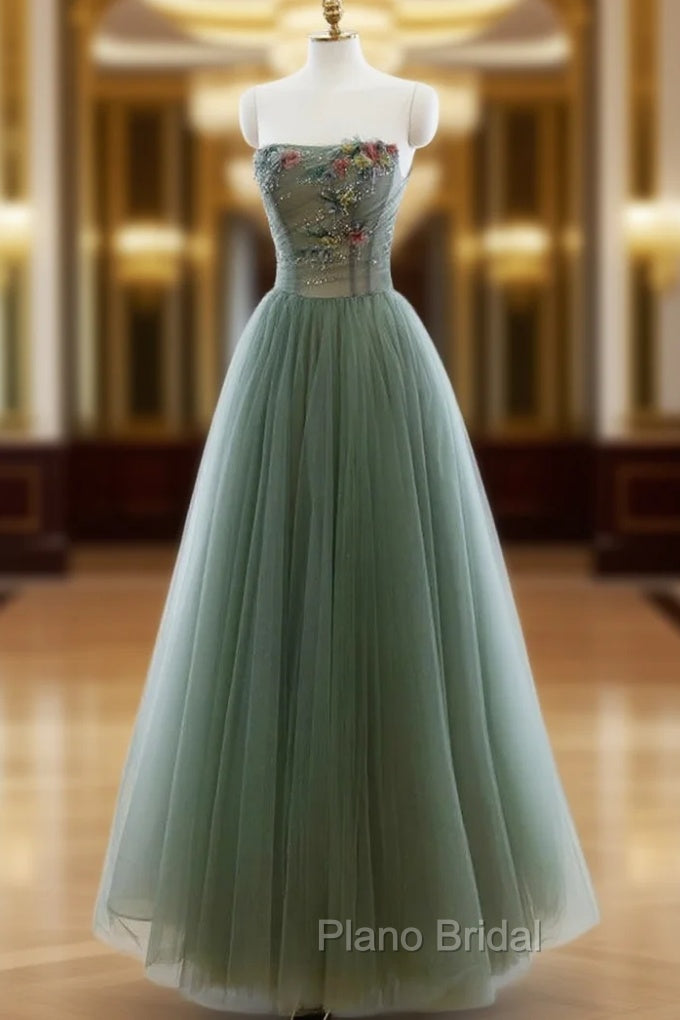 Green A-line Tulle with Lace Applique Long Formal Dresses, Green Formal Prom Dresses Main image