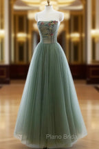 Green A-line Tulle with Lace Applique Long Formal Dresses, Green Formal Prom Dresses